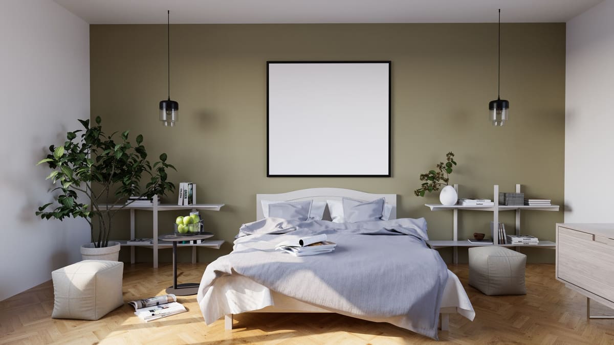 Palette de couleurs apaisantes pour décoration chambre avec murs sage et accents terracotta